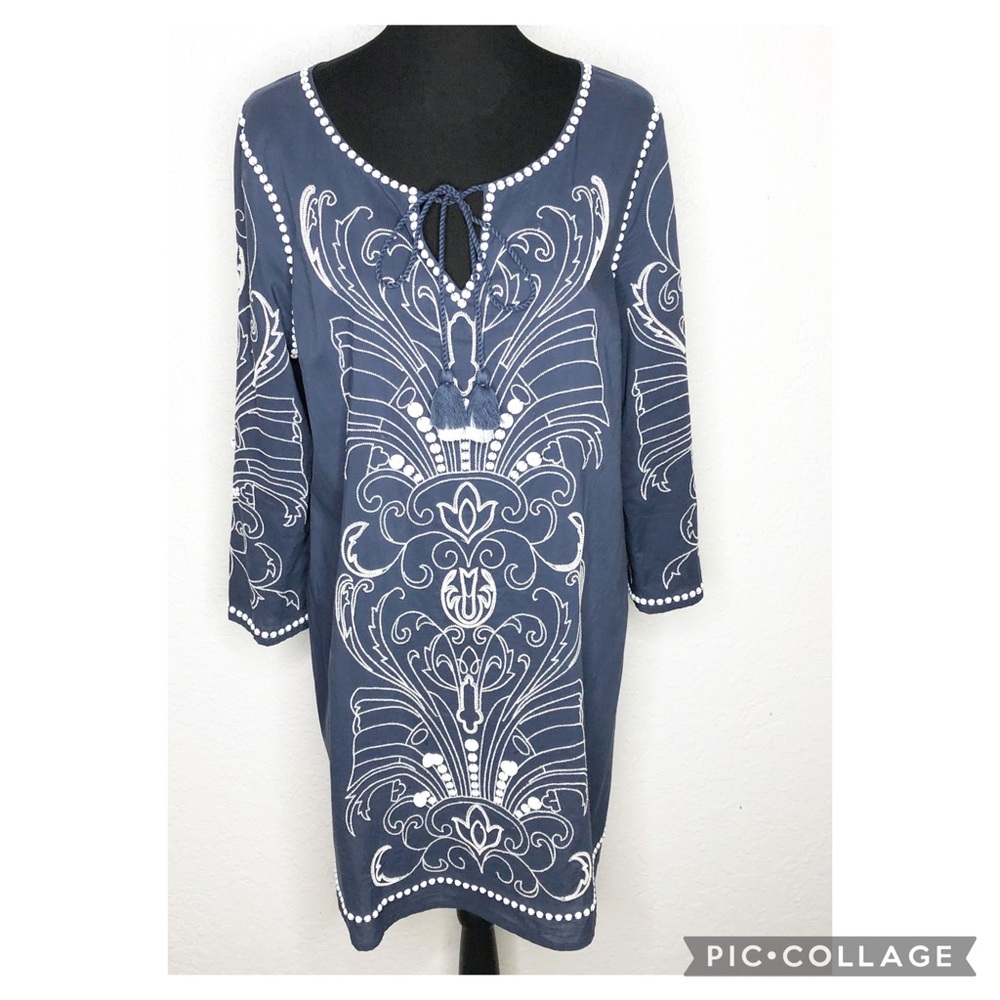 Sundance blue white embroidered beaded tunic dress size‎ Large coastal beach